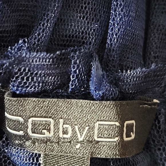 Off Shoulder Ruffle Detailed Pleated Mesh Sheer See Through Navy Blue Tunic - Picture 6 of 8